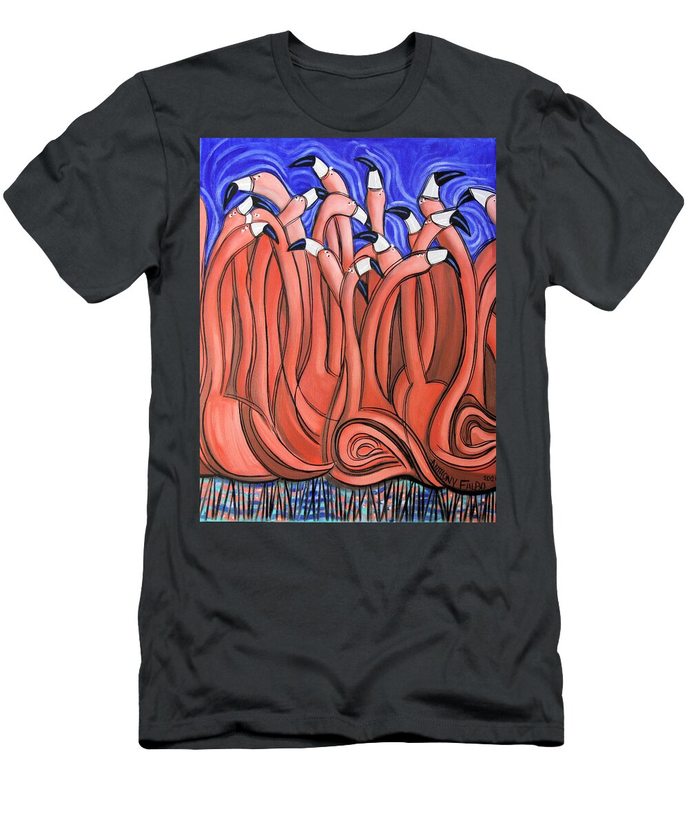 Flamingo's T-Shirt featuring the painting Dancing Flamingo's by Anthony Falbo