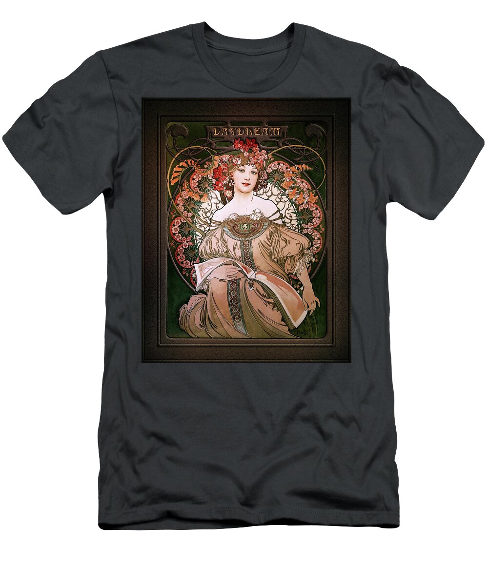 Daydream T-Shirt featuring the painting Daydream by Alphonse Mucha Black Background by Rolando Burbon