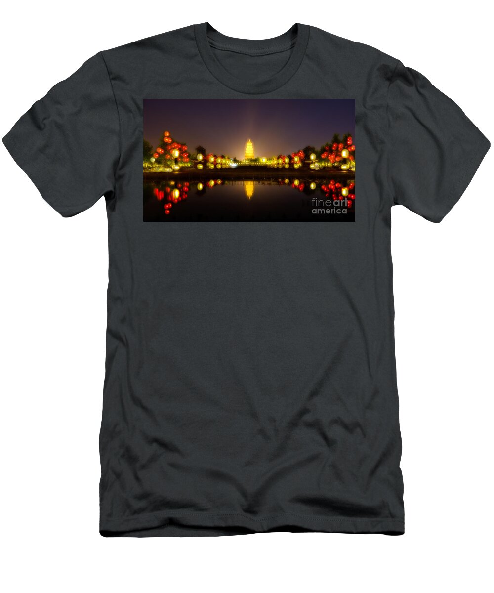 Goose Pagoda T-Shirt featuring the photograph Giant Goose Pagoda at Night #1 by Iryna Liveoak