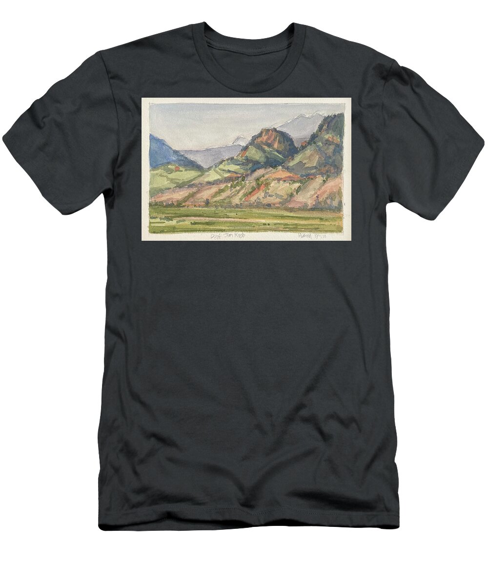 Plein Air On The Yellowstone T-Shirt featuring the painting Deaf Jim Knob and Electric Paek by Les Herman