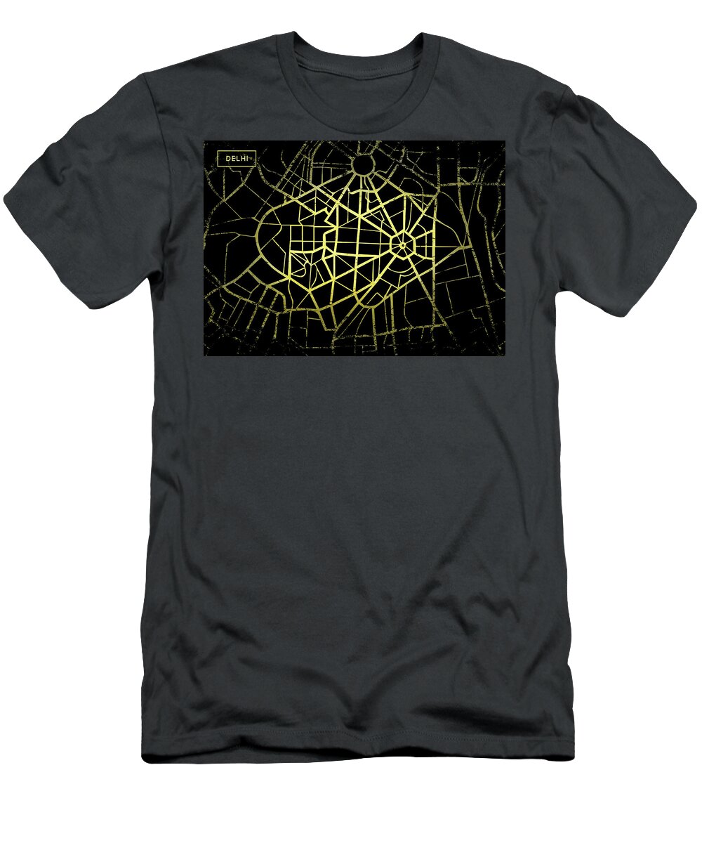 Map T-Shirt featuring the digital art Delhi Map in Gold and Black by Sambel Pedes