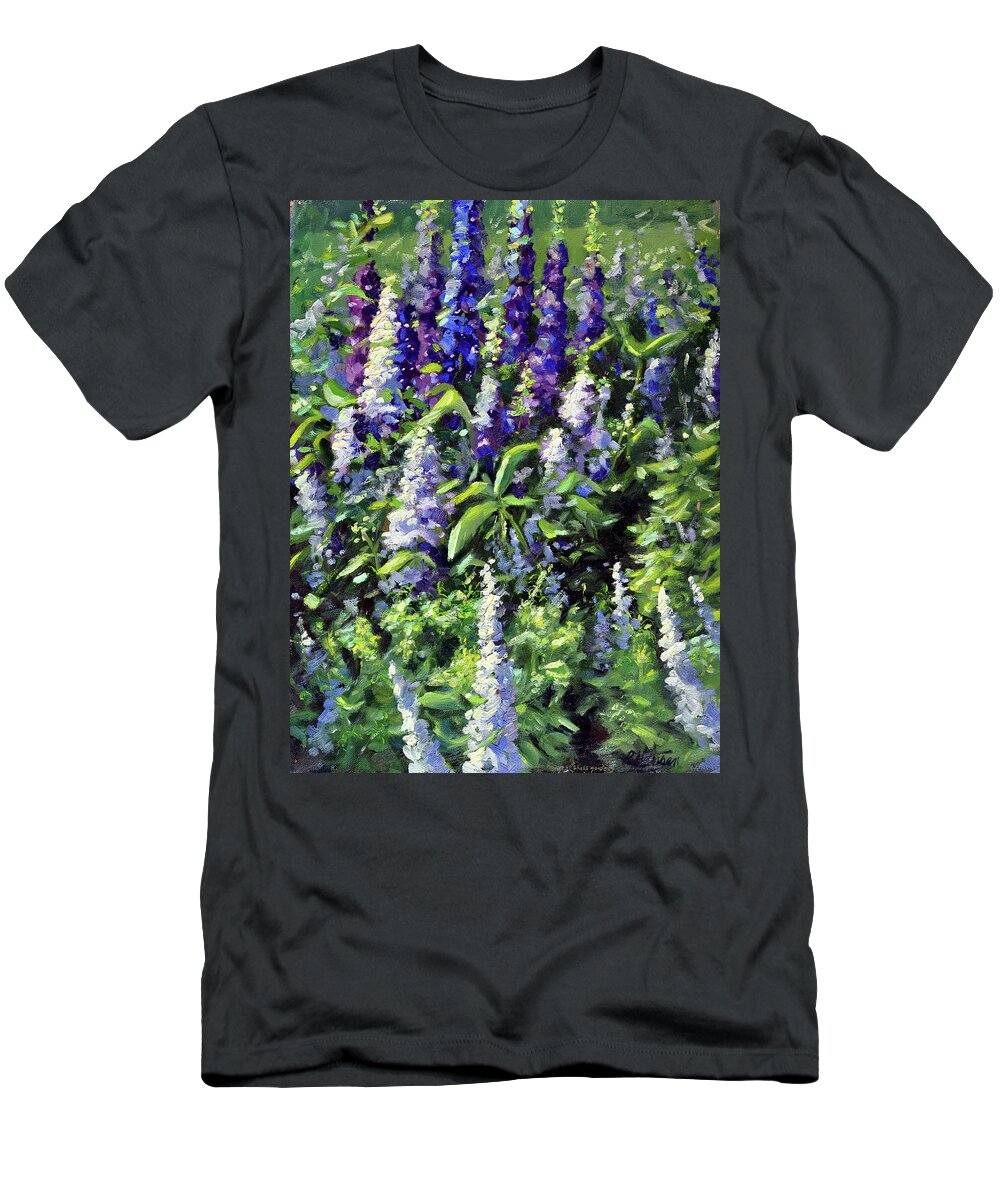 Garden Landscape T-Shirt featuring the painting Delphinium Day by Rick Hansen