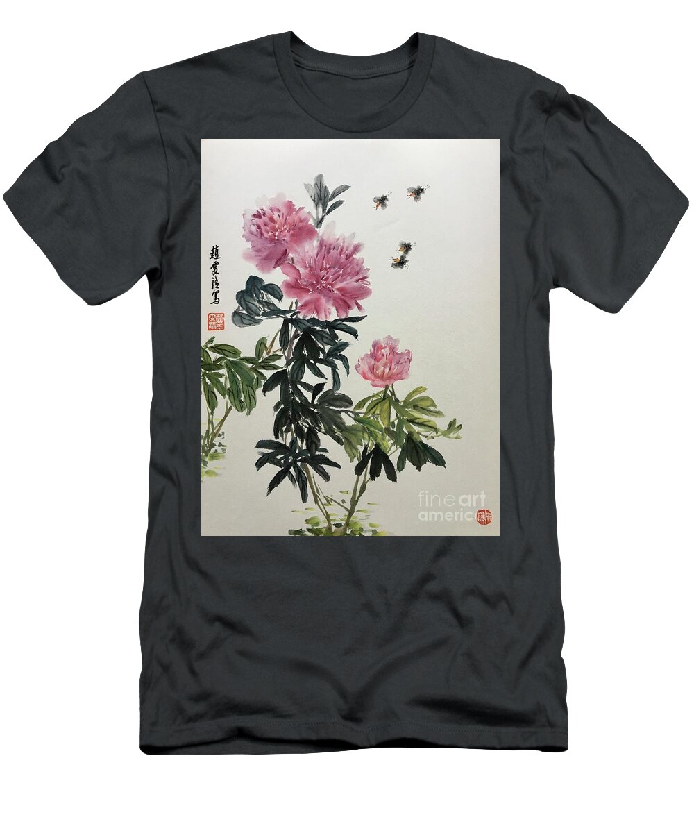 Peony Flowers T-Shirt featuring the painting Depend On Each Other - 2 by Carmen Lam