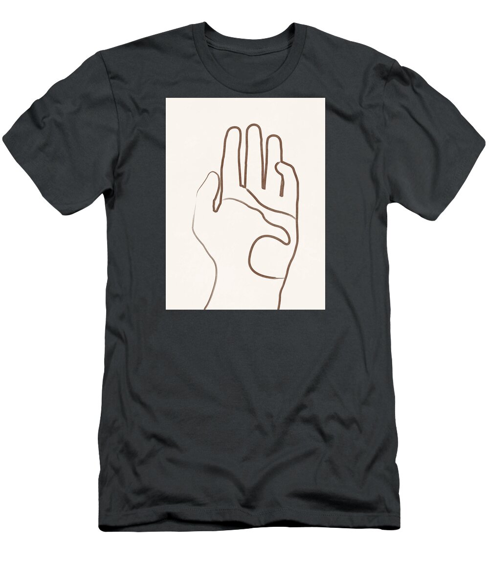 Hand T-Shirt featuring the mixed media Destiny is in your hands - Minimal Line Art - Brown by Studio Grafiikka