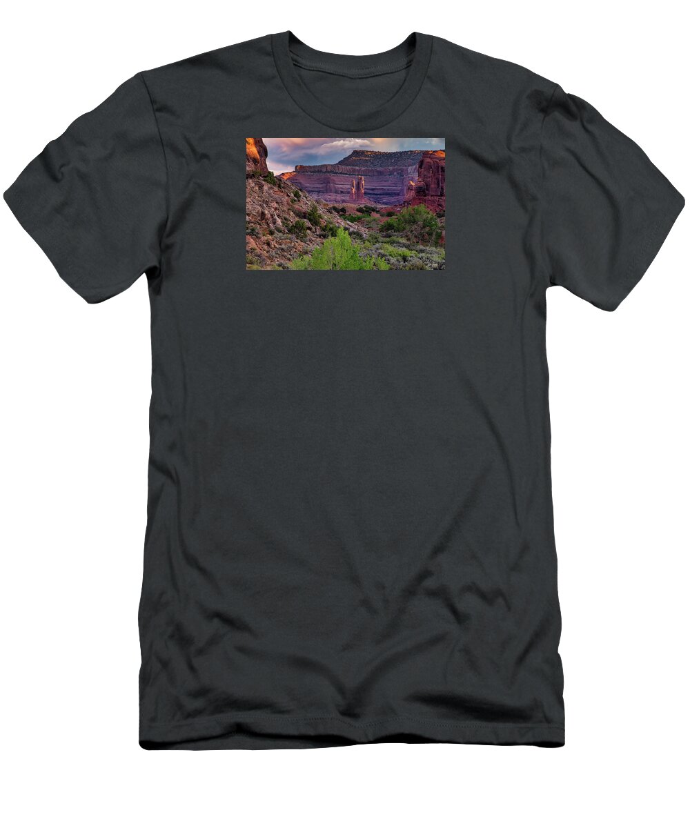 Moab Utah Blm Desert Colorado Plateau Sunset Red Rock T-Shirt featuring the photograph Determination Towers by Dan Norris