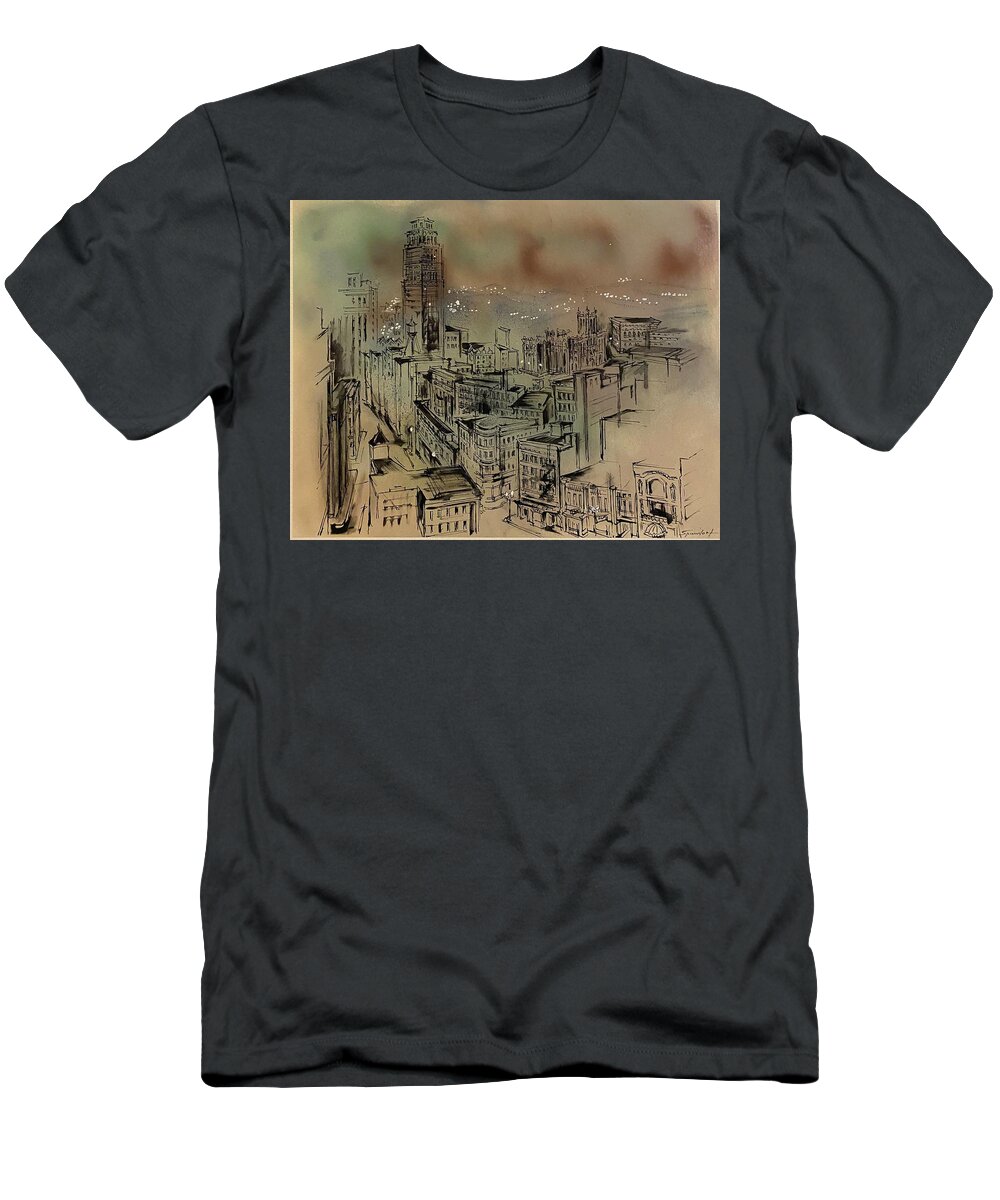 Cityscape T-Shirt featuring the painting Detroit At Night by Lily Spandorf