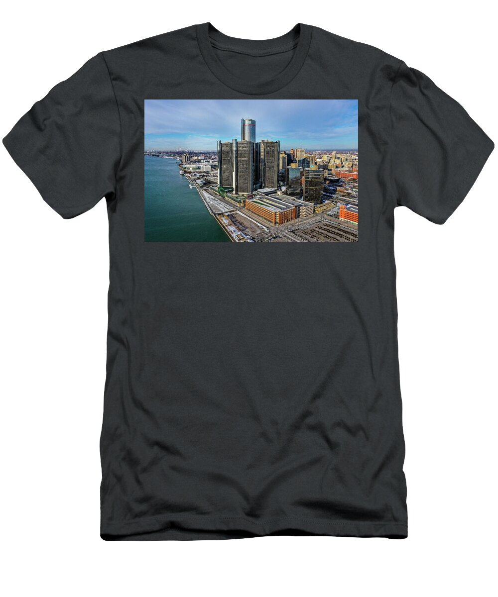 Detroit T-Shirt featuring the photograph Detroit Ren Cen DJI_0475 by Michael Thomas