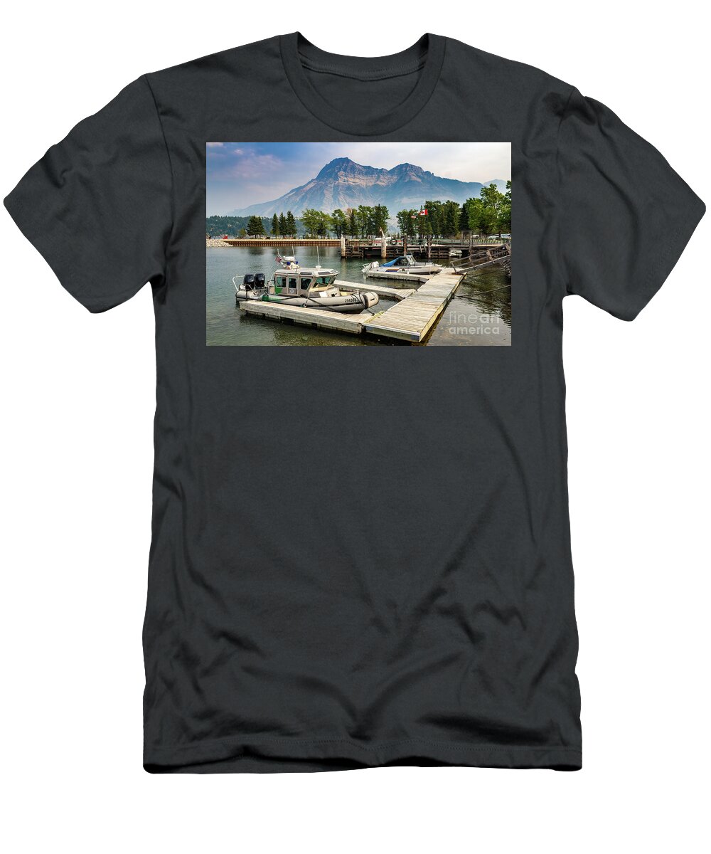 Waterton Lake T-Shirt featuring the photograph Dock at Warterton Lake with Boats by Roslyn Wilkins