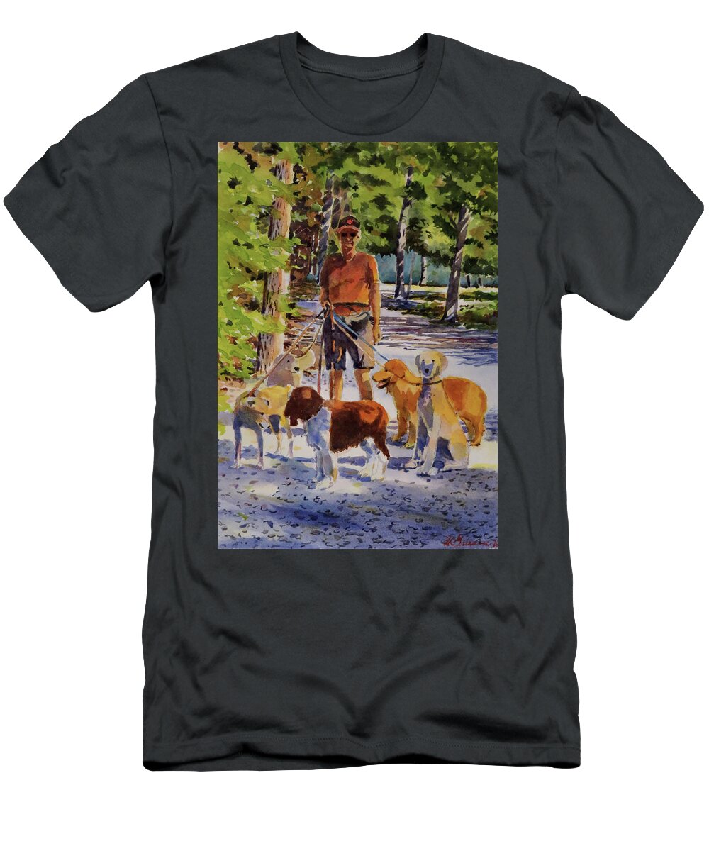  T-Shirt featuring the painting Dog Walker at Lemoine Point by David Gilmore