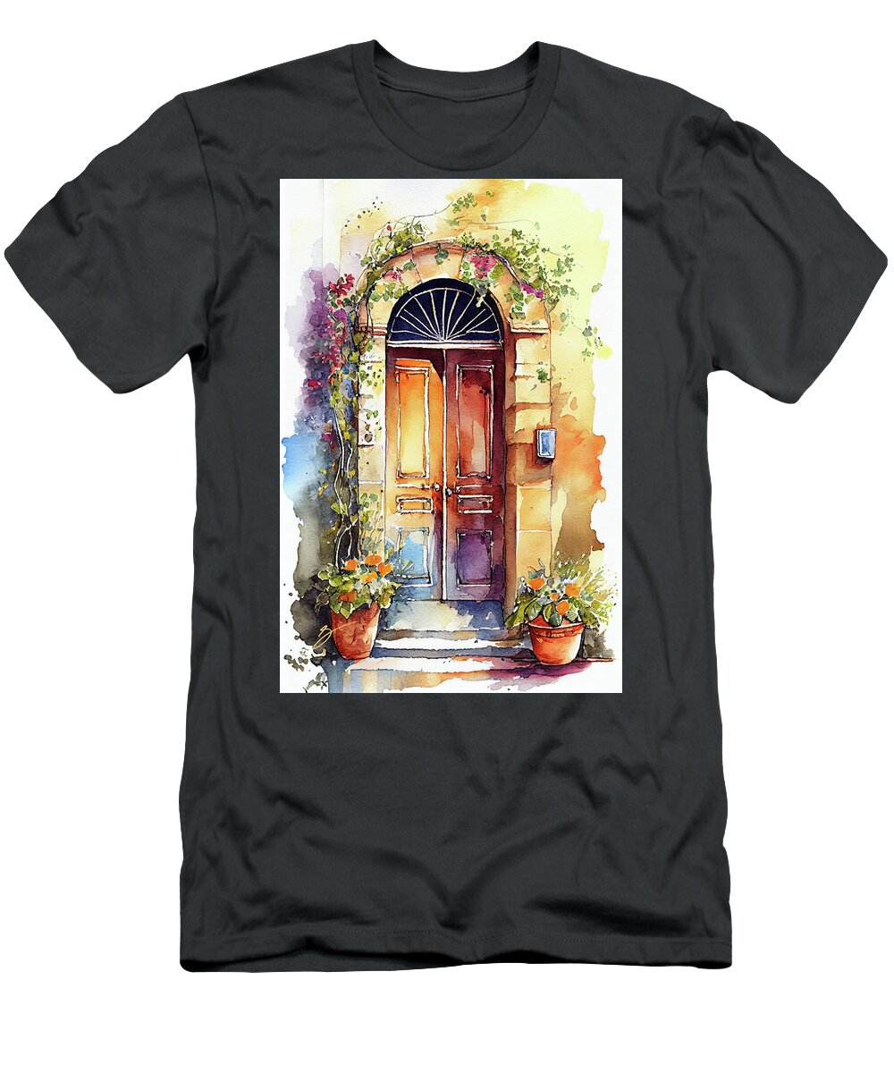 Watercolor T-Shirt featuring the painting Door of Serenity by Greg Collins