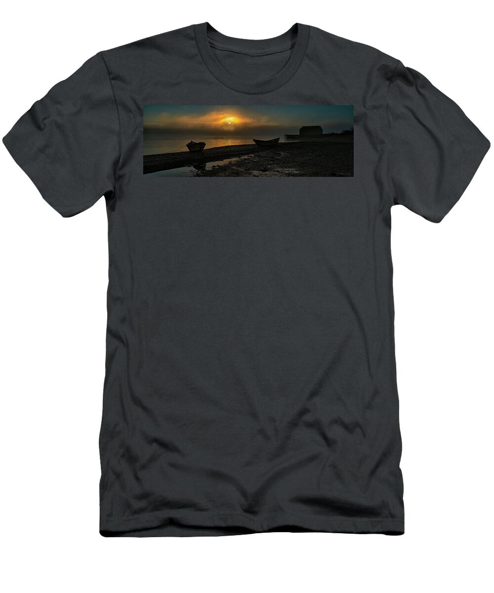 Dories T-Shirt featuring the photograph Dories Beached in Lifting Fog by Marty Saccone
