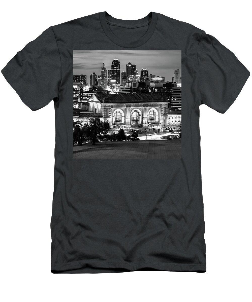 America T-Shirt featuring the photograph Downtown Kansas City Over Union Station 1x1 Black and White by Gregory Ballos