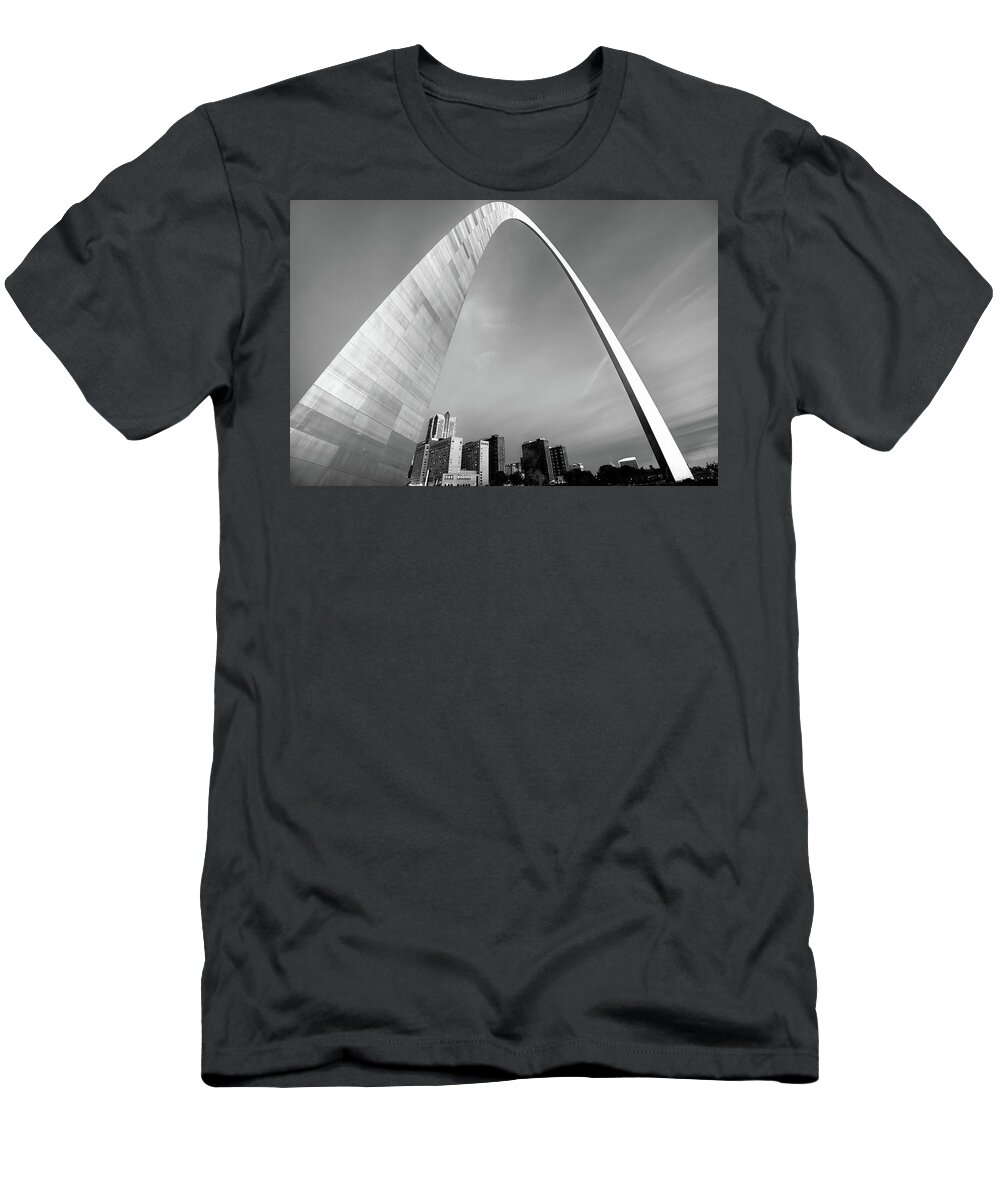 America T-Shirt featuring the photograph Downtown Saint Louis Skyline Under the Arch - Black and White by Gregory Ballos