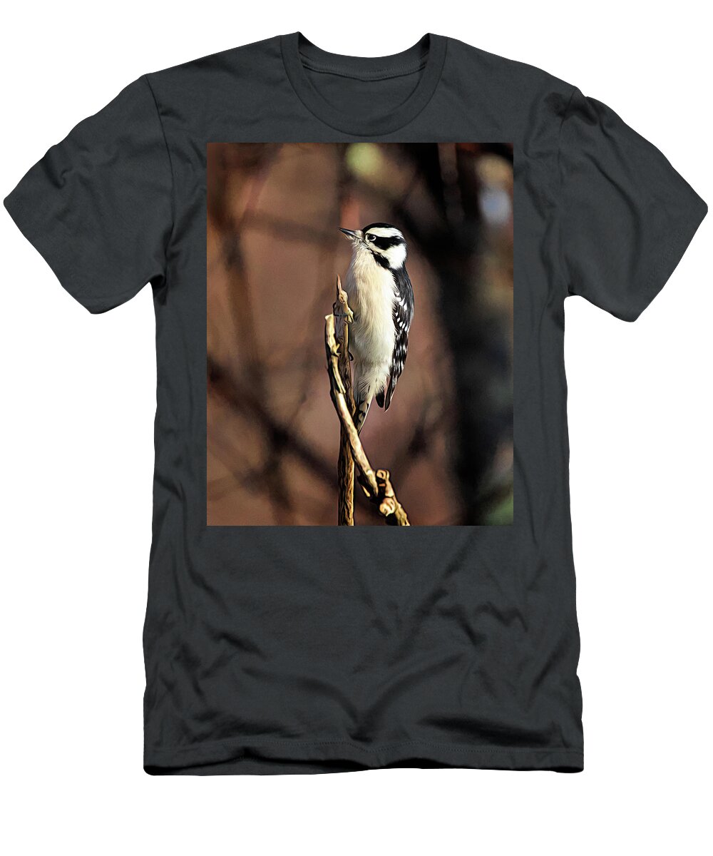 Downy Woodpecker T-Shirt featuring the photograph Downy Woodpecker on Branch by Jaki Miller