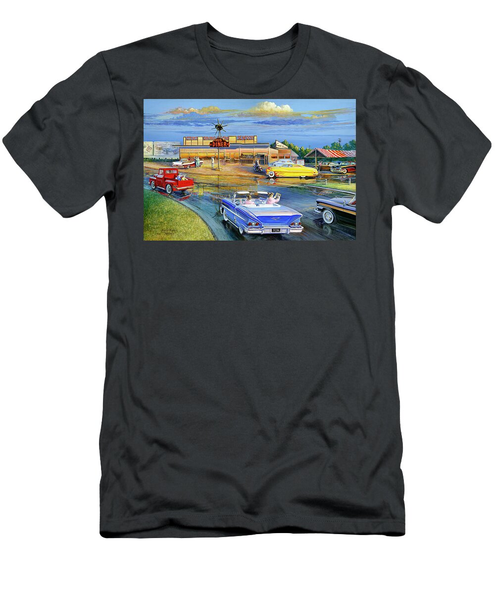 1958 T-Shirt featuring the painting Dragging the Circle - Hub Diner by Randy Welborn