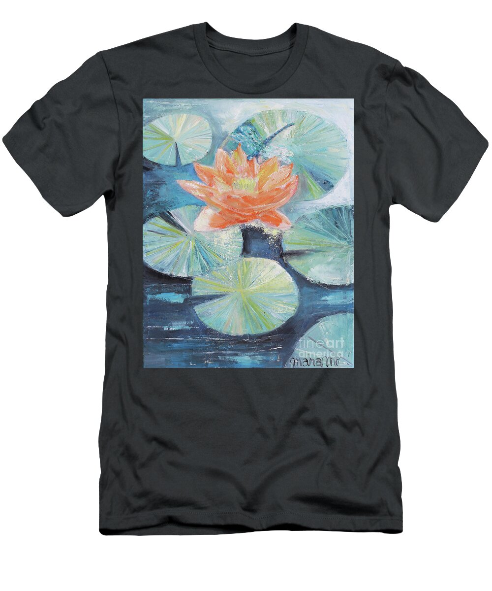Lotus T-Shirt featuring the painting Dragonfly And Lotus by Manami Lingerfelt