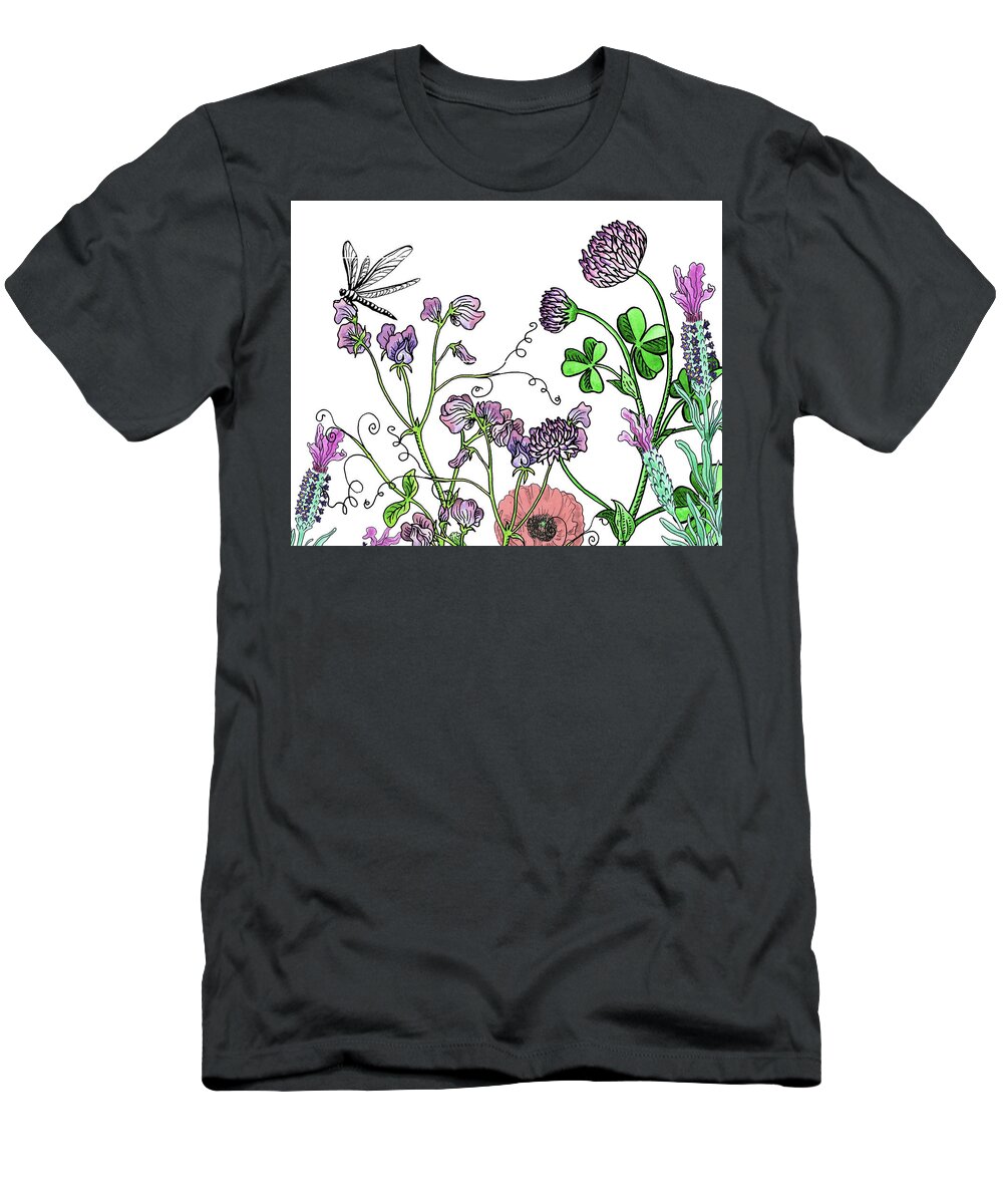 Wildflowers T-Shirt featuring the painting Dragonfly On Sweet Pea Wildflower Garden Botanical Watercolor by Irina Sztukowski