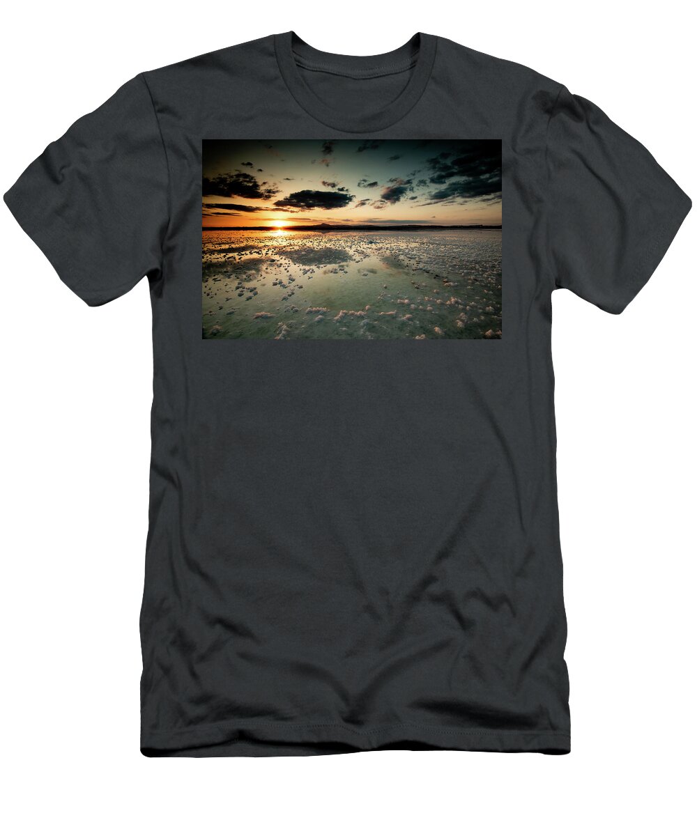 Sunset T-Shirt featuring the photograph Dramatic winter sunset in the lake. by Michalakis Ppalis