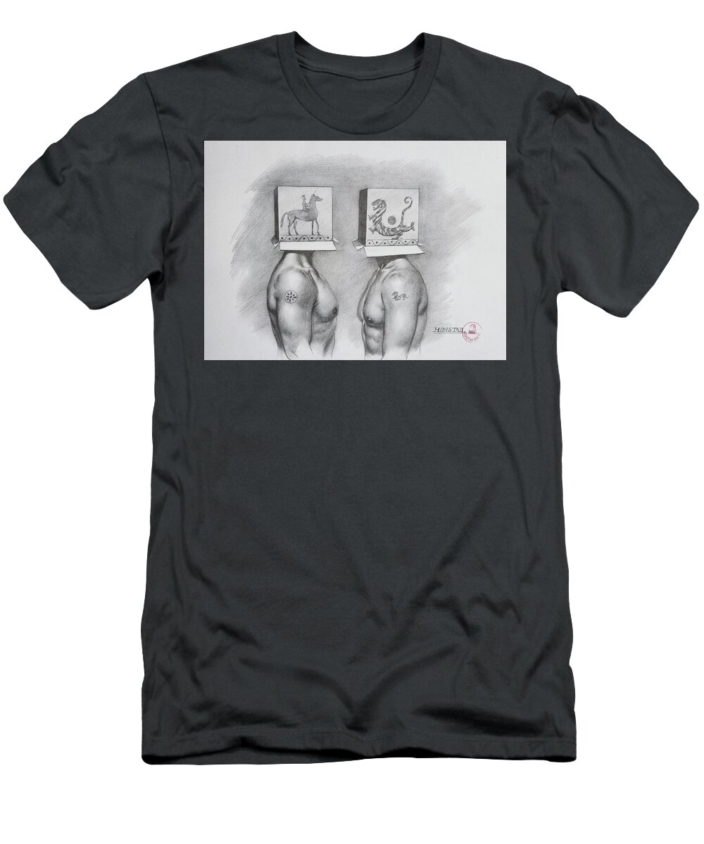 East And West T-Shirt featuring the drawing Drawing-East and West by Hongtao Huang