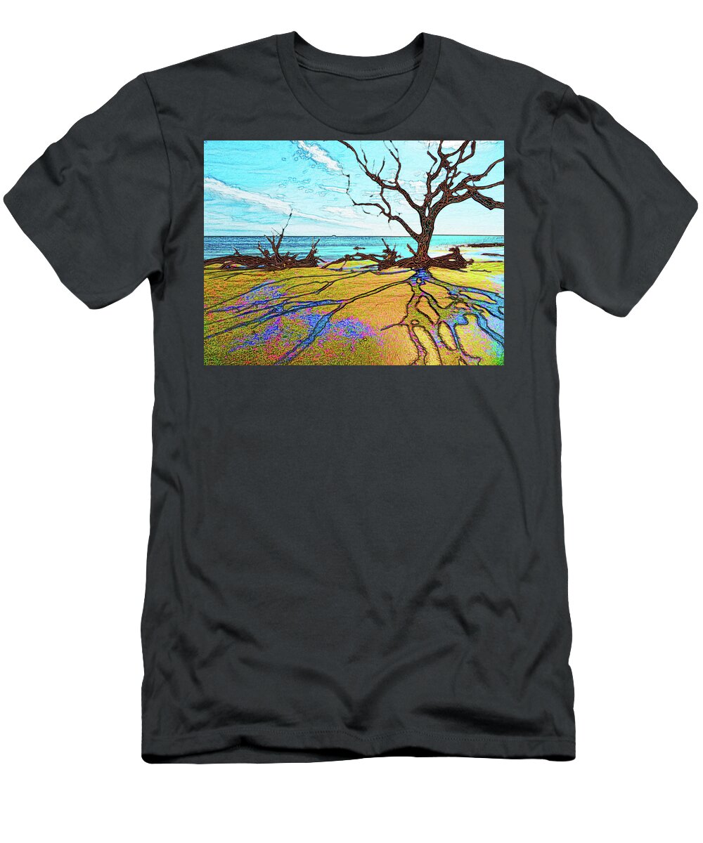 Jekyll Isand. Georgia T-Shirt featuring the digital art Driftwood Beach by Rod Whyte