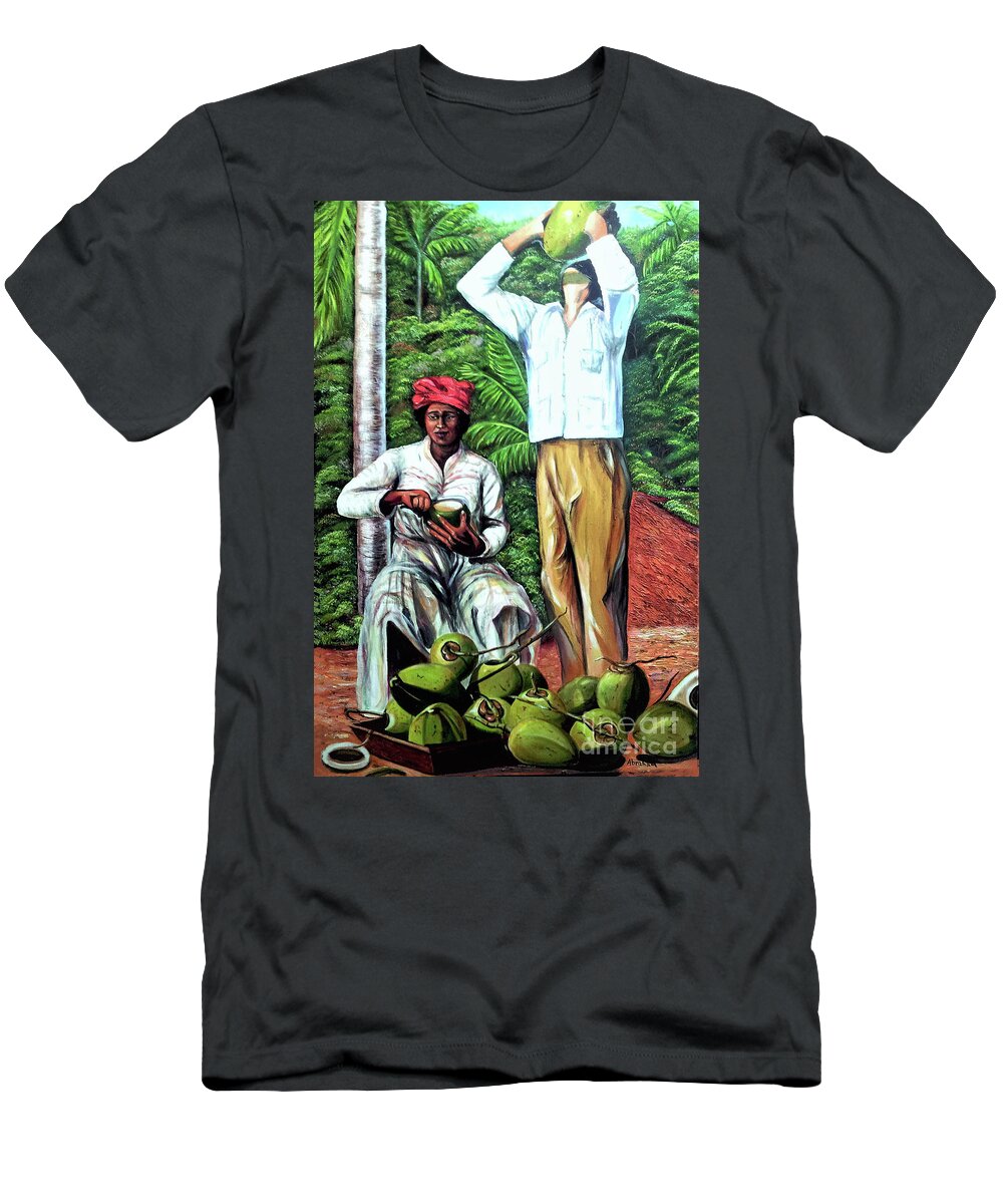Coconut T-Shirt featuring the painting Drinking coconut water by Jose Manuel Abraham