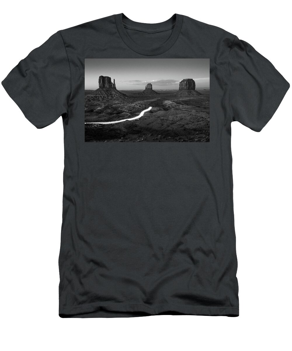 Monument Valley T-Shirt featuring the photograph Driving Through Monument Valley at Dusk in Monochrome by Gregory Ballos