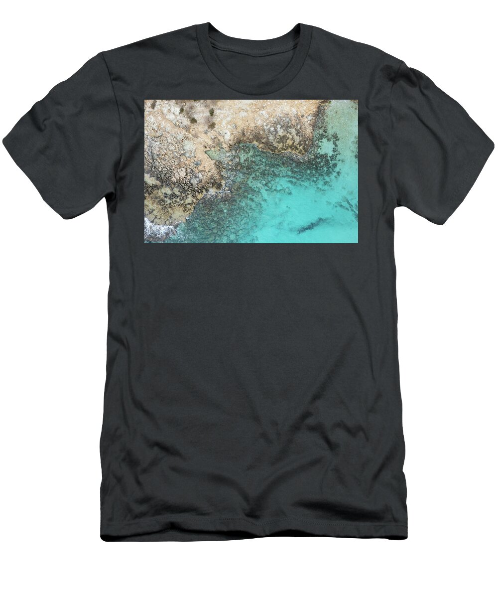 Rocky Beach T-Shirt featuring the photograph Drone aerial of rocky sea coast with transparent turquoise water. Seascape top view by Michalakis Ppalis