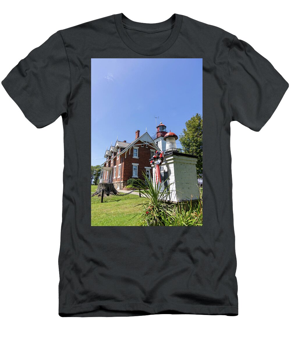 America T-Shirt featuring the photograph Dunkirk Lighthouse and Keepers Home on Lake Erie by Karen Foley