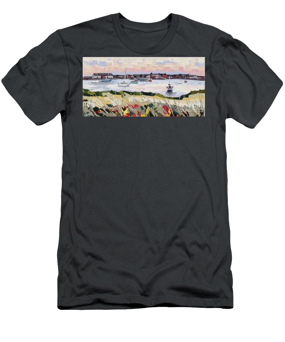Impasto T-Shirt featuring the painting Dusk at Findhorn Marina, 2015 by PJ Kirk