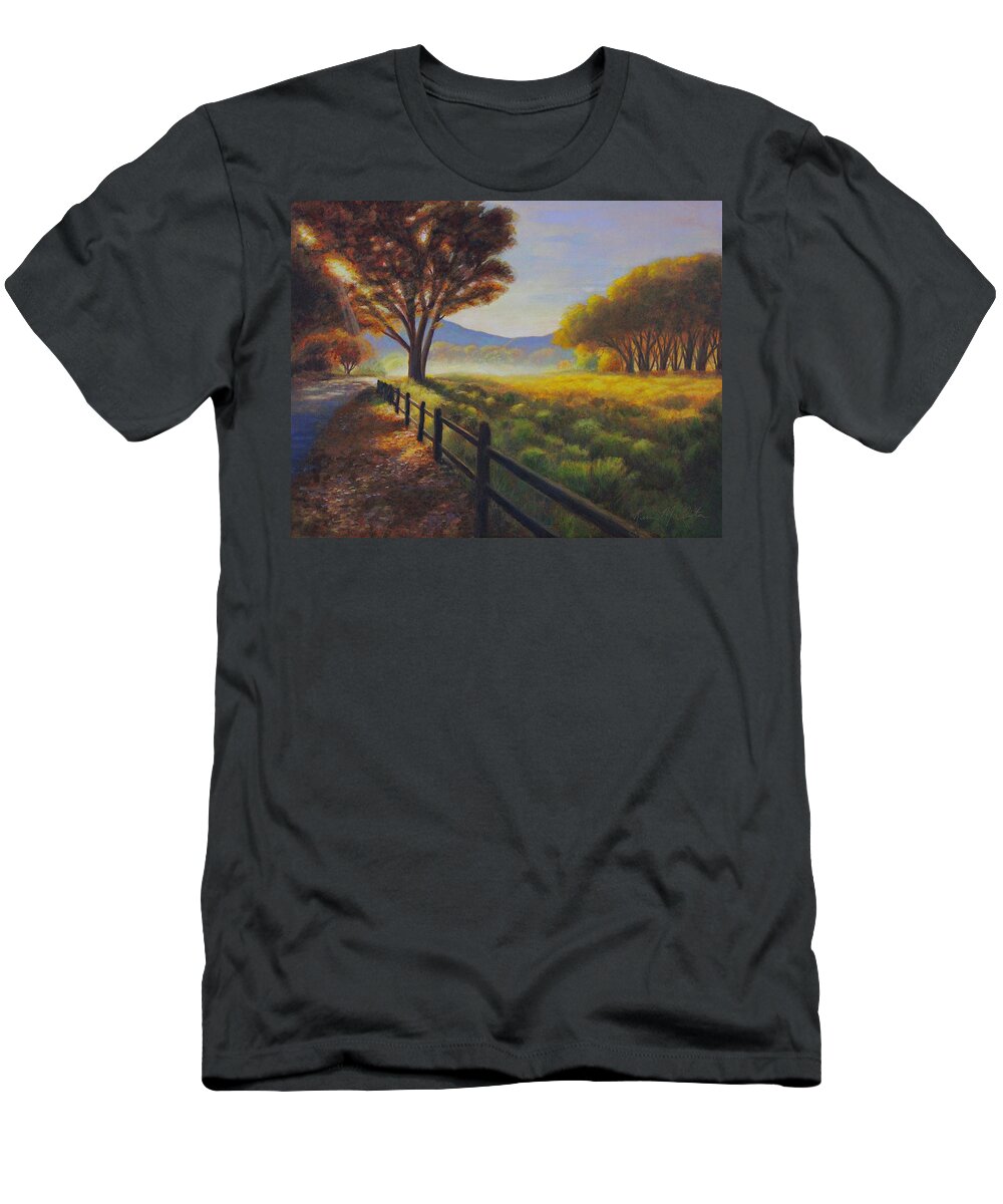 Kim Mcclinton T-Shirt featuring the painting Early Autumn Mist by Kim McClinton