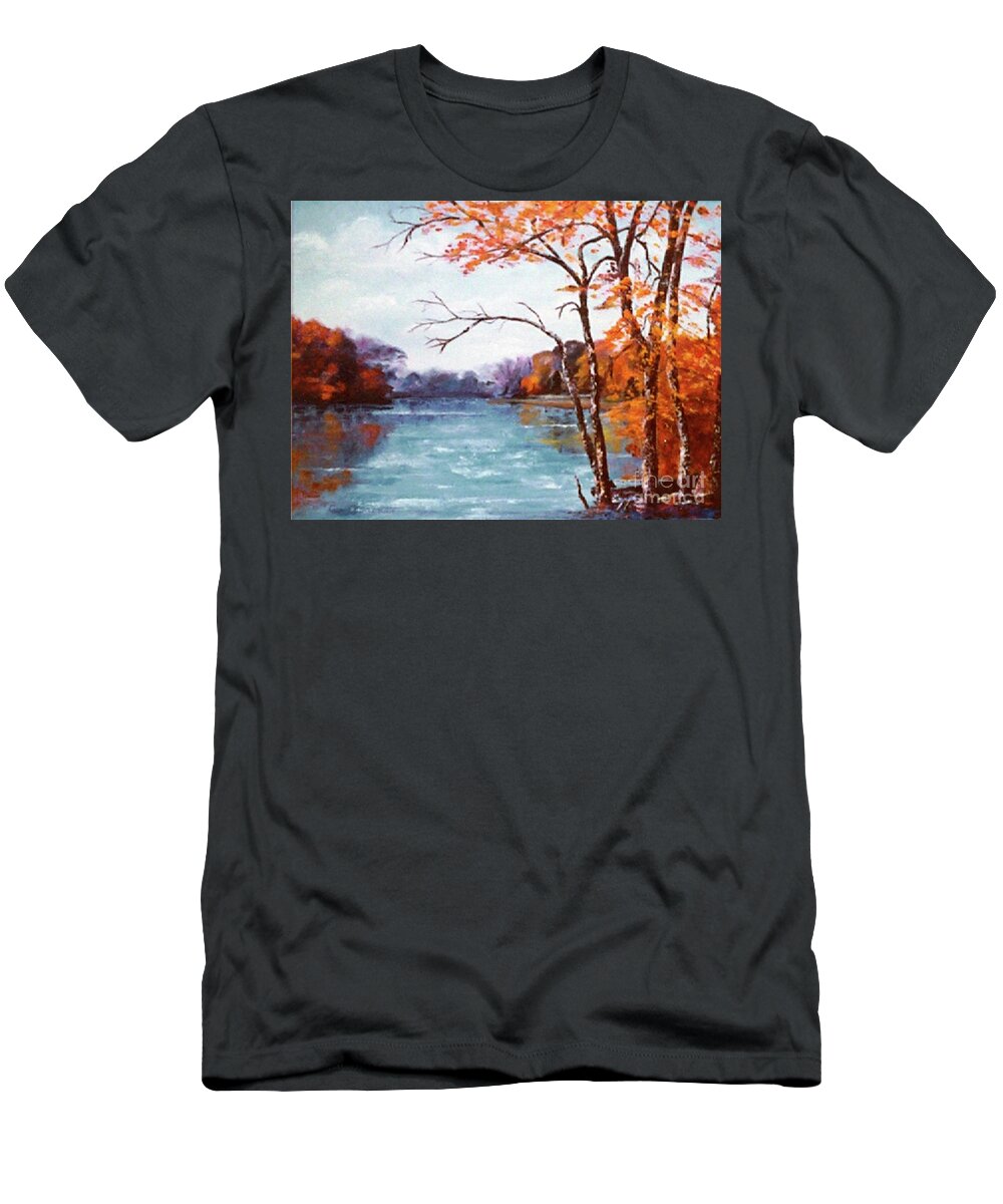 Mountain T-Shirt featuring the painting Mountain Lake and Rowboat by Catherine Ludwig Donleycott