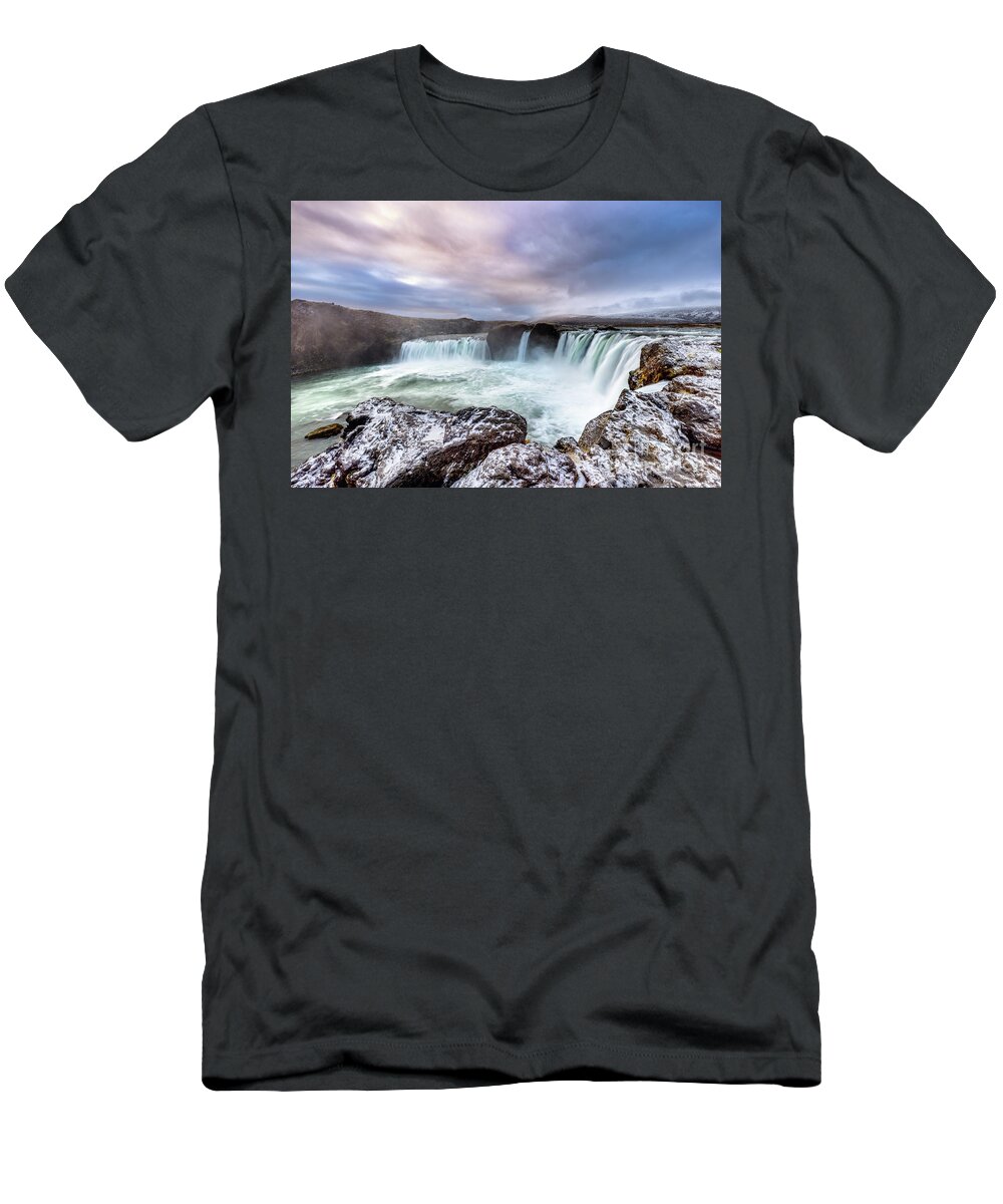 Iceland T-Shirt featuring the photograph Early morning light at the majestic Godafoss waterfall, in north by Jane Rix