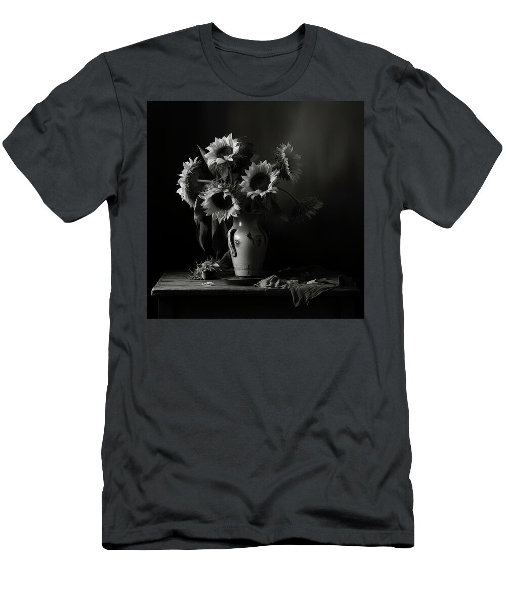 Black And White T-Shirt featuring the digital art Early Sunflowers in Window Light and Vase by YoPedro