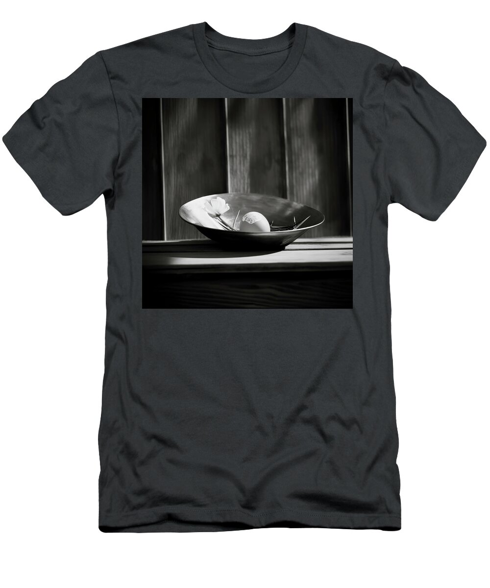 Black And White T-Shirt featuring the digital art Egg and Flower in Vintage Gold-Pan by YoPedro