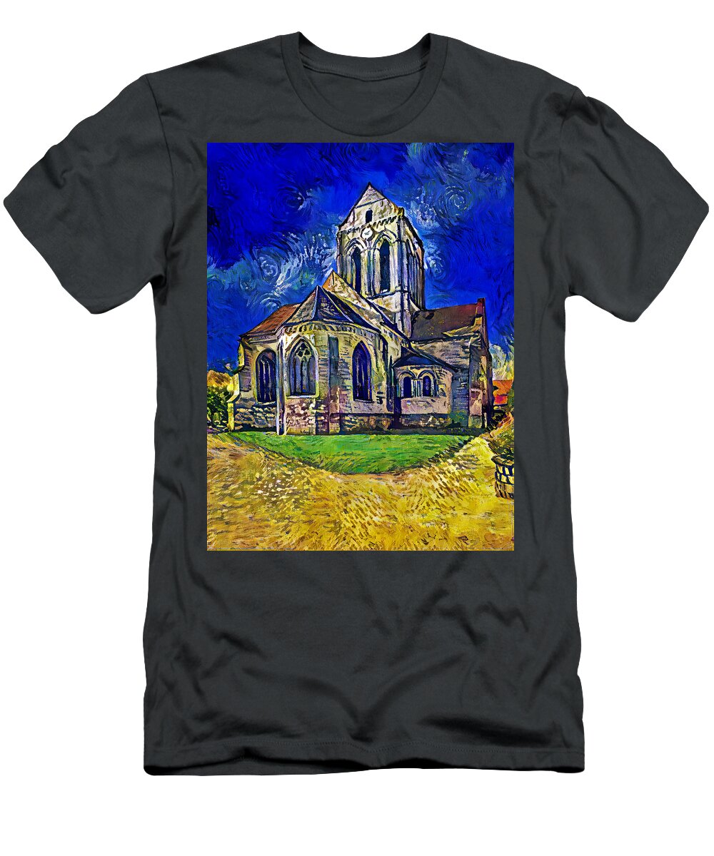 Notre-dame-de-l'assomption T-Shirt featuring the digital art Eglise Notre-Dame-de-l'Assomption d'Auvers-sur-Oise - digital painting in the style of van Gogh by Nicko Prints