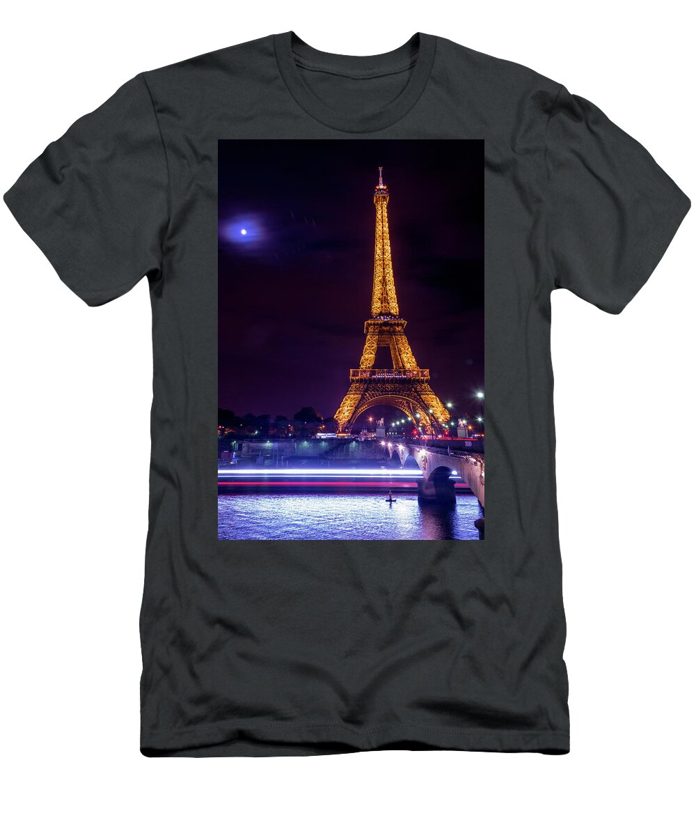 Eiffel Tower T-Shirt featuring the photograph Eiffle tower and the moon in Paris by Andrew Lalchan