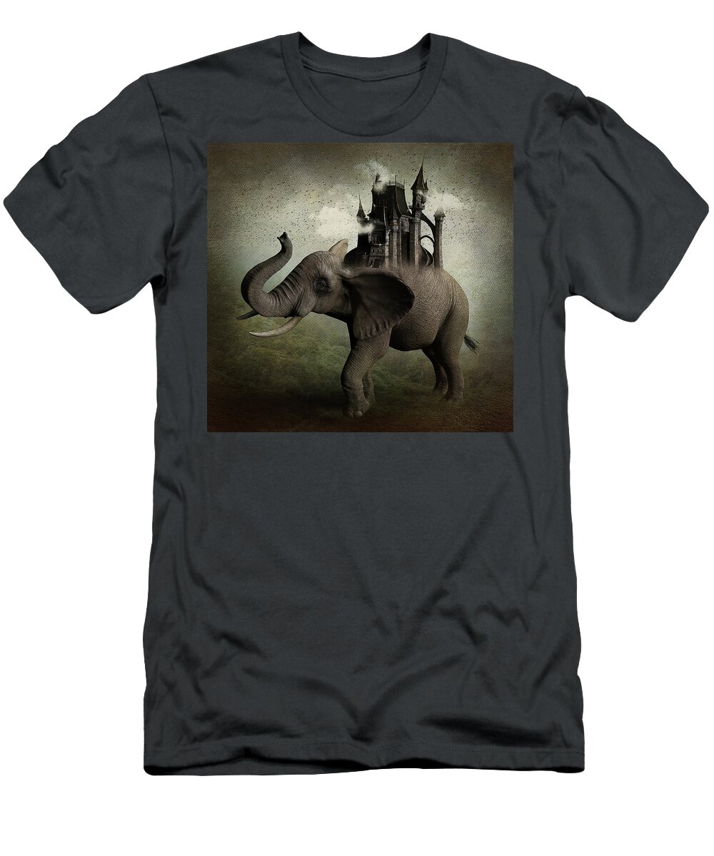 Elephant Castle Gray Green Tusks Surreal Fantasy Piranesi T-Shirt featuring the digital art Elephant Castle by Alisa Williams