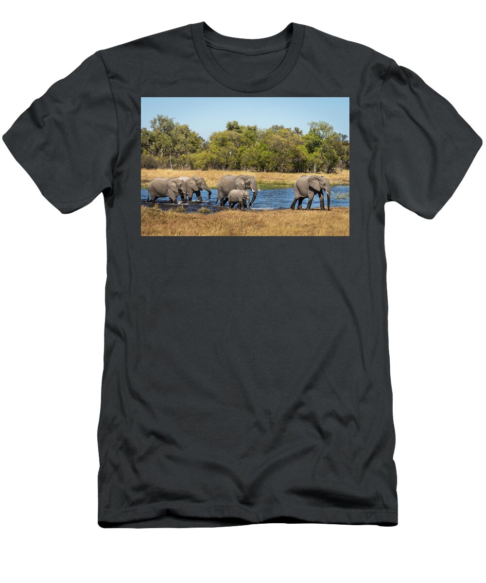 African Elephants T-Shirt featuring the photograph Elephants Crossing the River by Elvira Peretsman