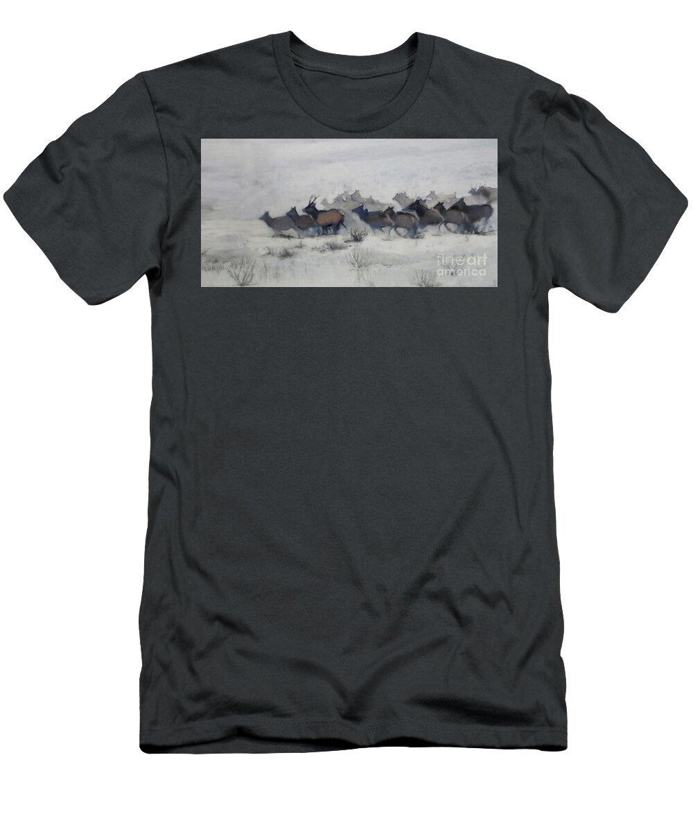 Elk T-Shirt featuring the painting Elk Migration, 2019 by PJ Kirk