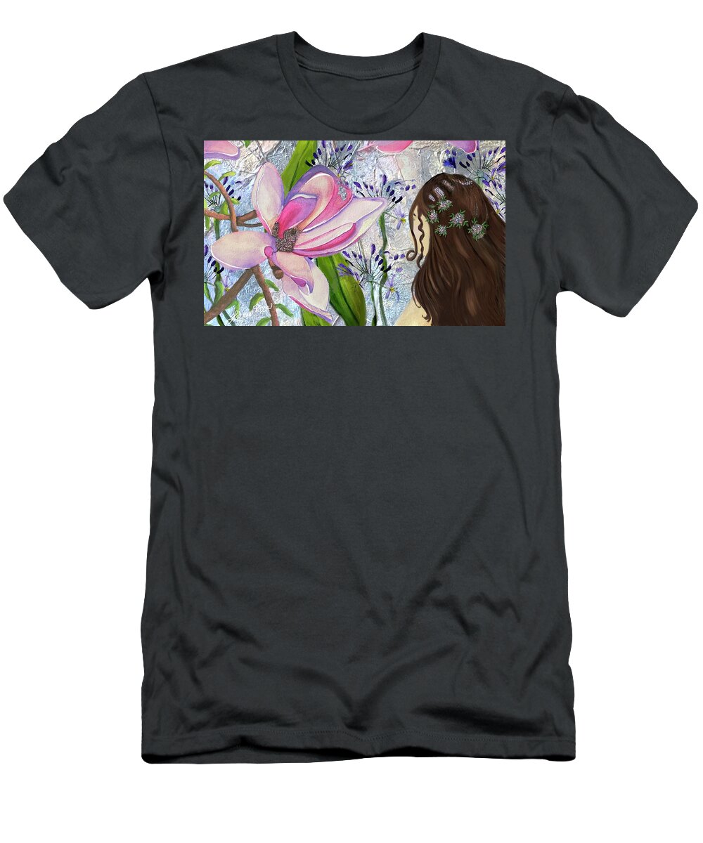 Girl Whimsical Floral Colorful Abstract T-Shirt featuring the mixed media Elle by Lorie Fossa