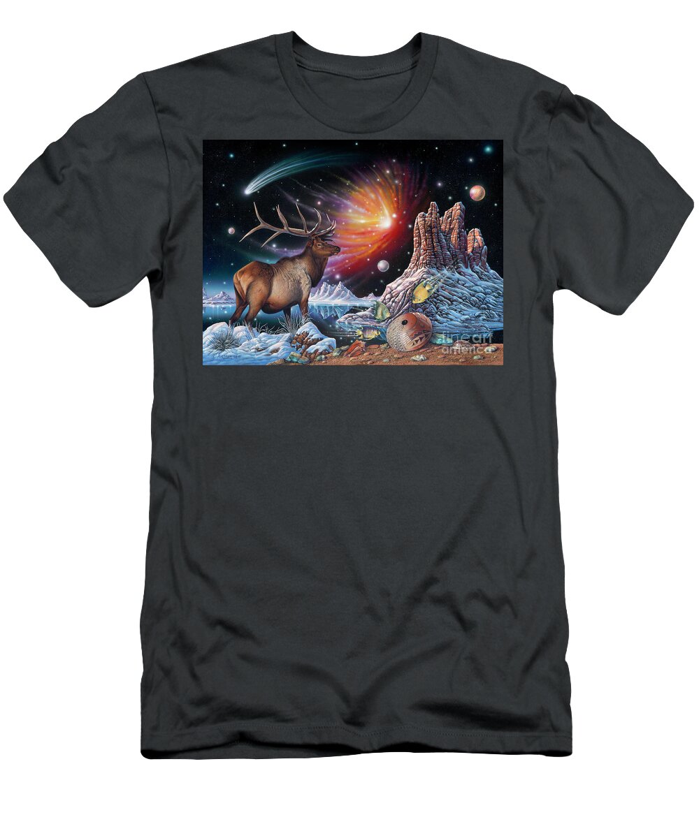 Elk T-Shirt featuring the painting Enchanted Monarch by Ricardo Chavez-Mendez