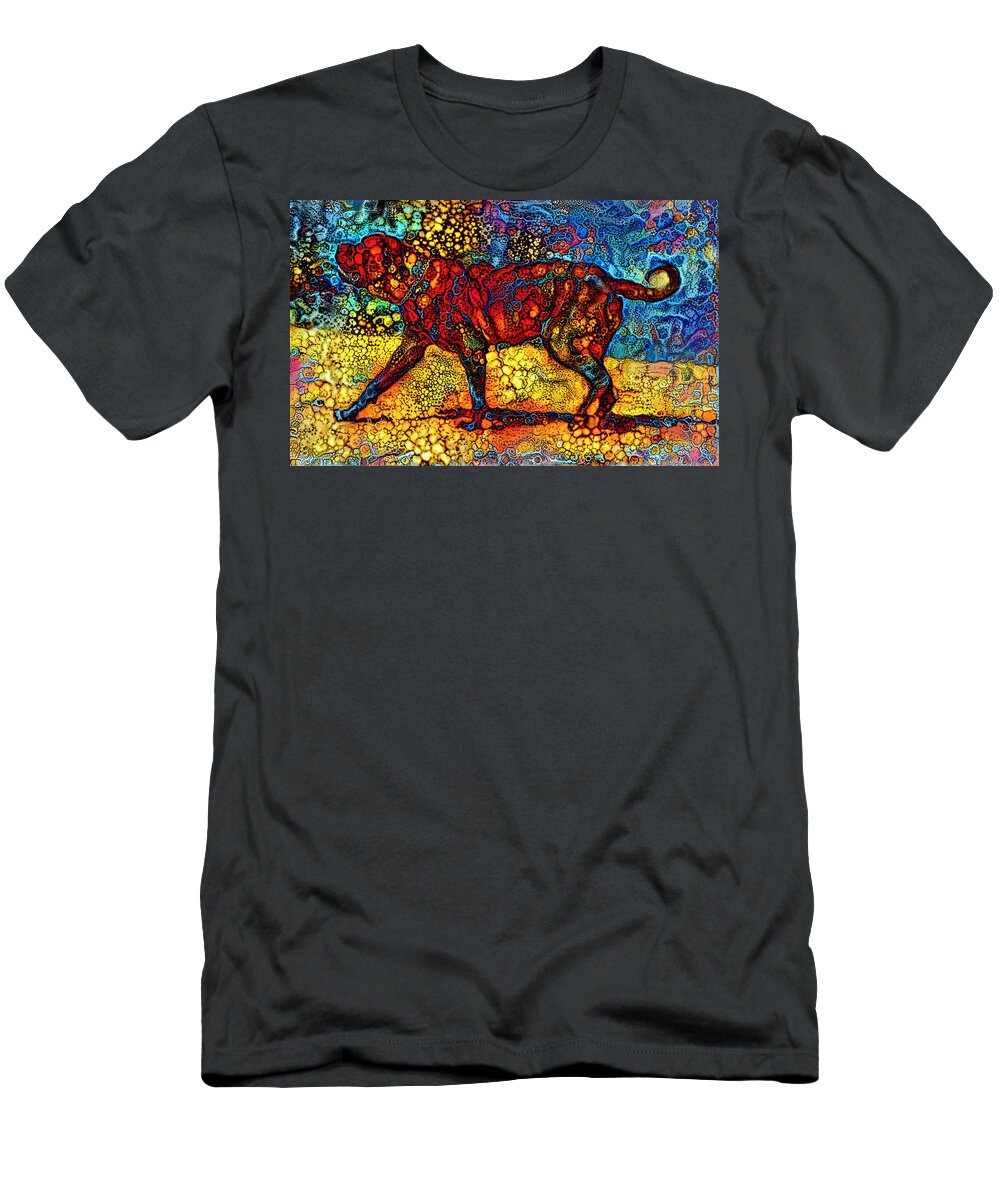 English Mastiff T-Shirt featuring the digital art English Mastiff waiting for a treat - colorful abstract painting in blue, yellow and red by Nicko Prints
