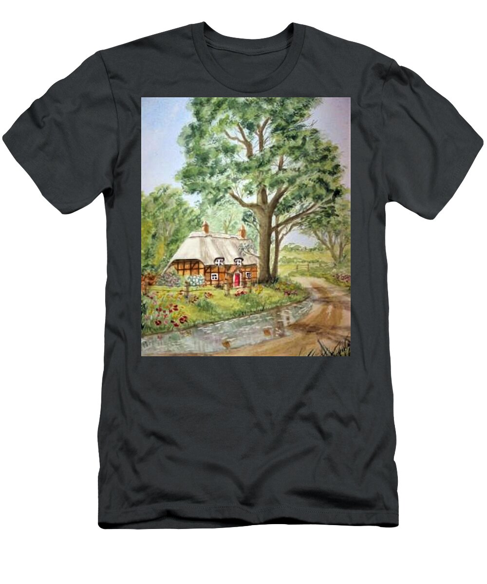 Cottage T-Shirt featuring the painting English Thatched Roof Cottage by Kelly Mills