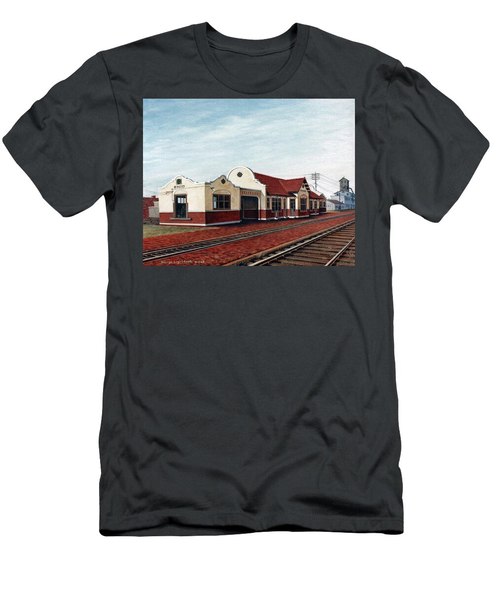 Architectural Landscape T-Shirt featuring the painting Enid Oklahoma Depot by George Lightfoot