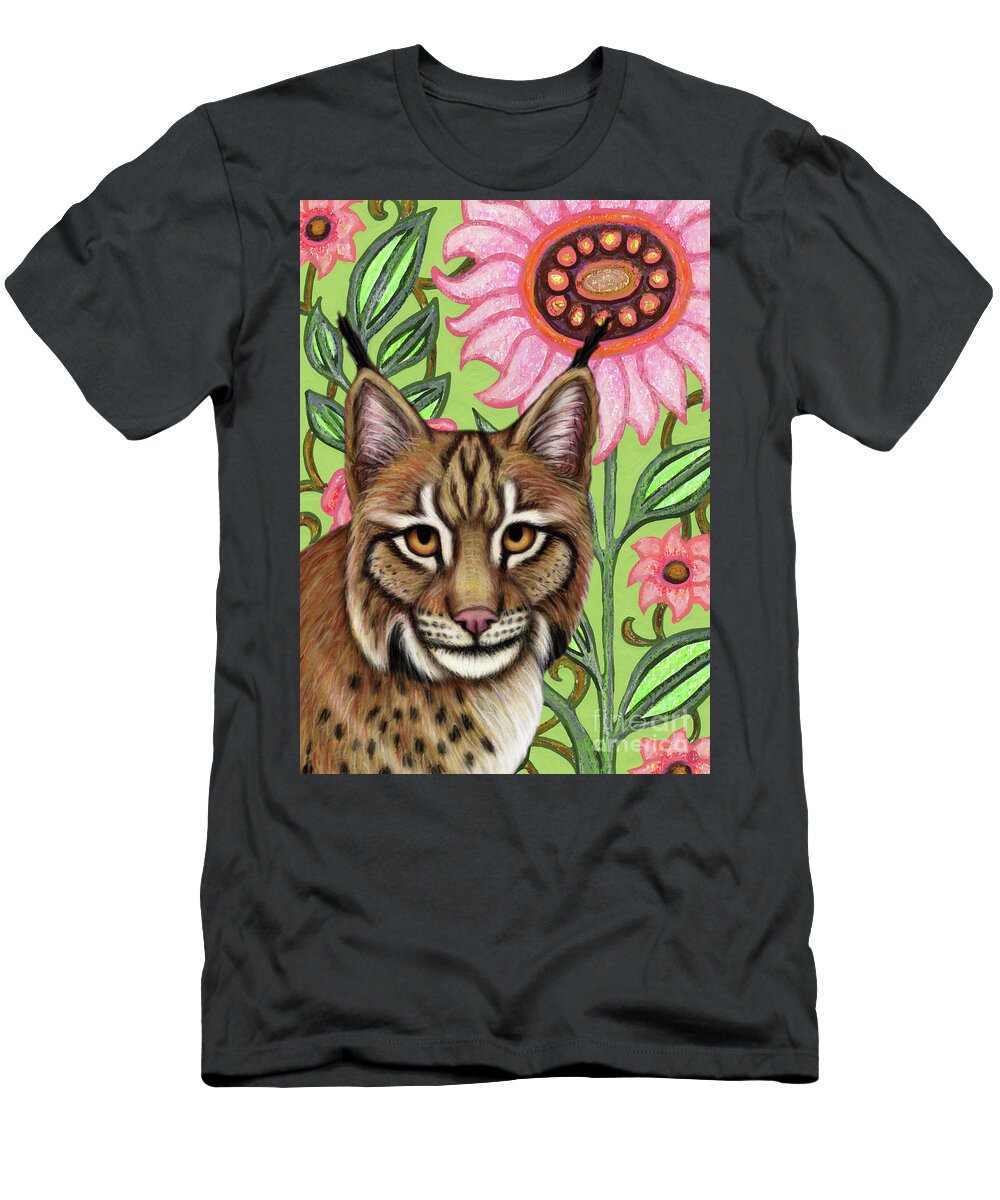 Lynx T-Shirt featuring the painting Eurasian Lynx Folksy Floral by Amy E Fraser