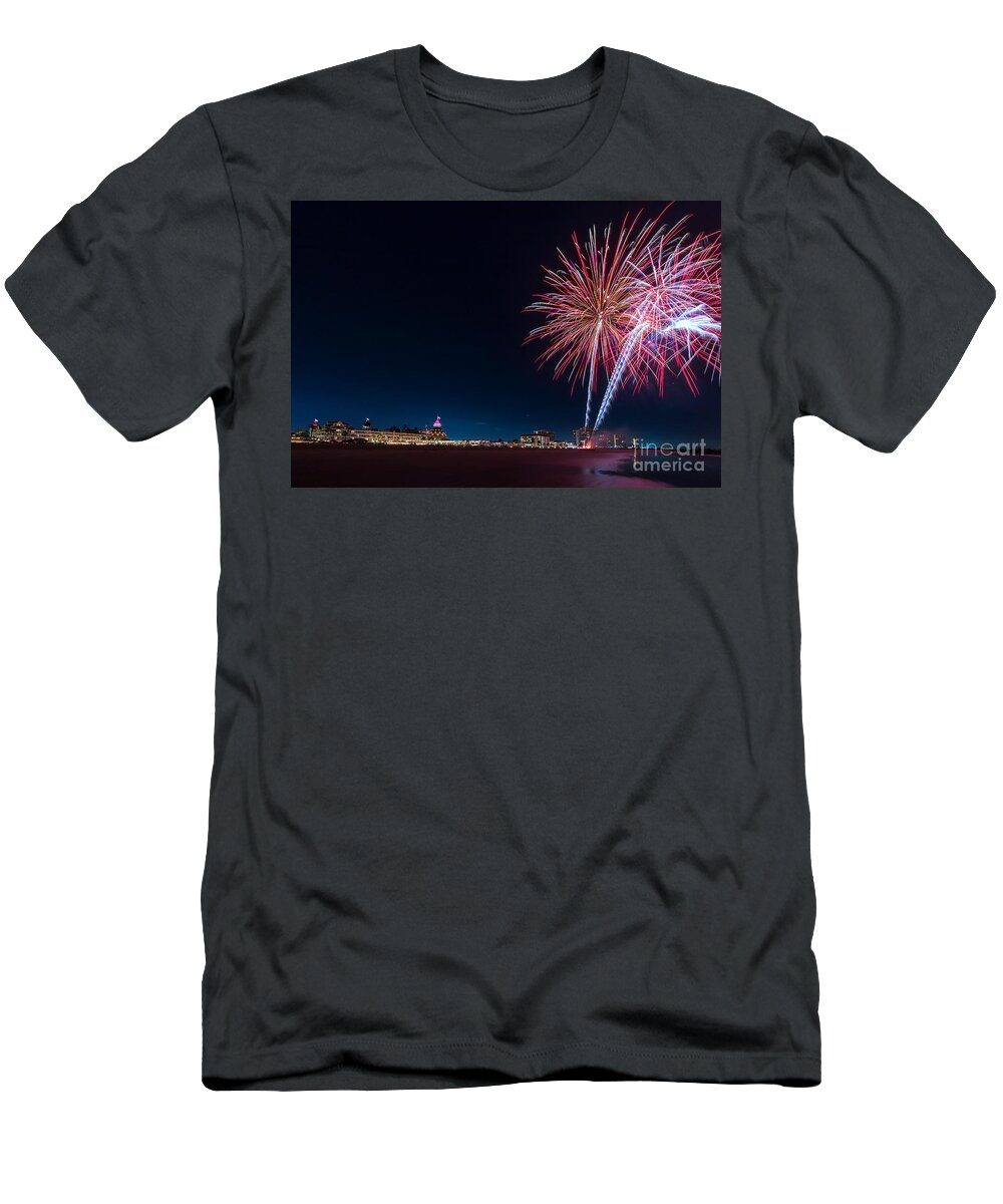 Resort T-Shirt featuring the photograph Evening fireworks display at the Hotel del Coronado on the beach along the Pacific Ocean by Sam Antonio