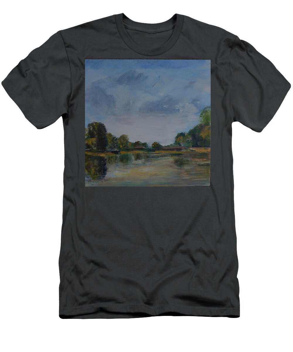 Waterway T-Shirt featuring the painting Evening Reflections by Helen Campbell