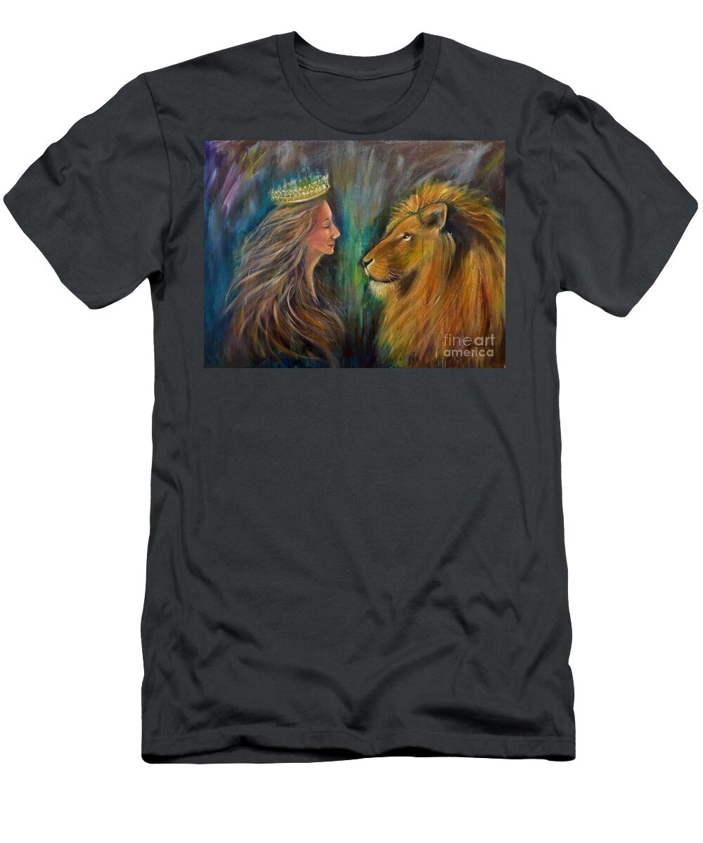 Lion T-Shirt featuring the mixed media Face To Face by Deborah Nell