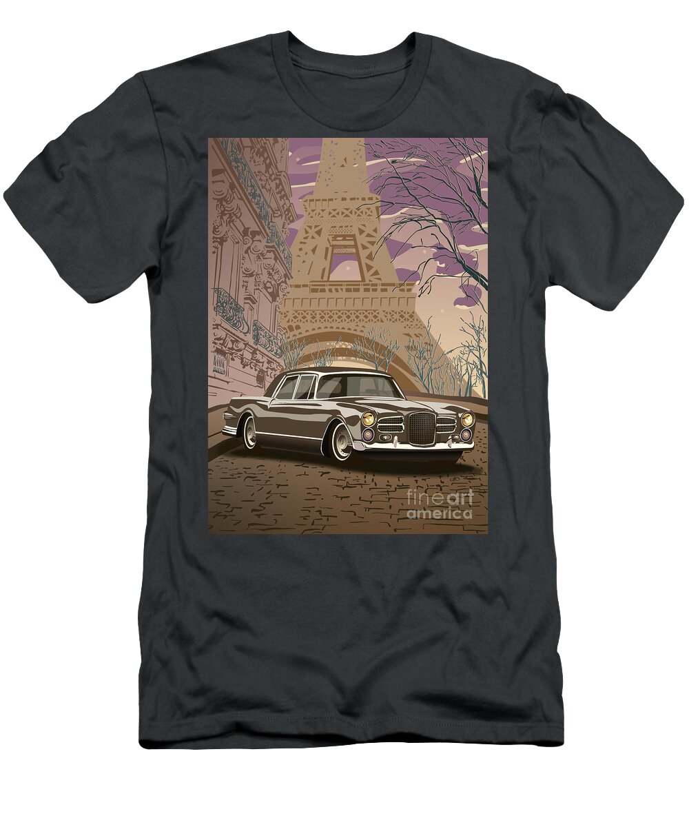 Art Deco T-Shirt featuring the digital art Facel Vega - Paris est a nous. Classic Car Art Deco Style Poster Print Brown Edition by Moospeed Art