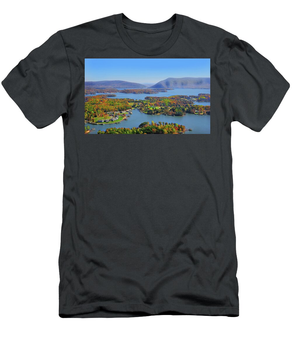 Smith Mountain Lake T-Shirt featuring the photograph Fall Aerial Smith Mountain Lake by The James Roney Collection